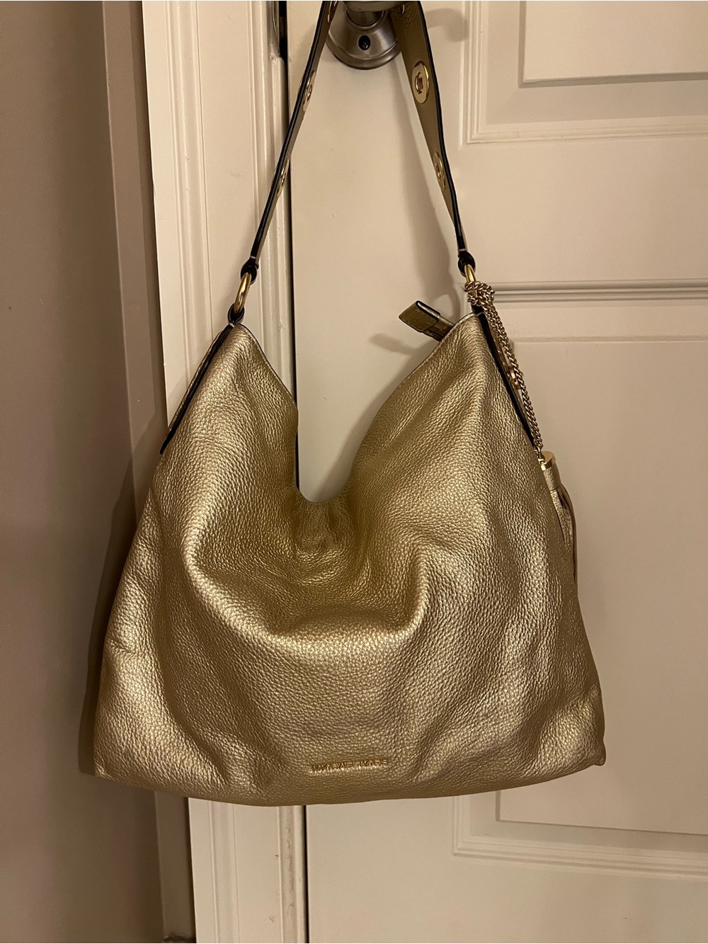 Michael Kors Gold Leather Hobo Shoulder Bag with Chain Accent